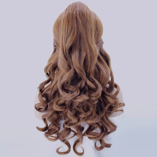 Vista 4 de ANOGOL Gorro de pelo + peluca larga ondulada marrón para mujer, pelucas de princesa para cosplay, pelucas de cola de caballo marrón prediseñadas