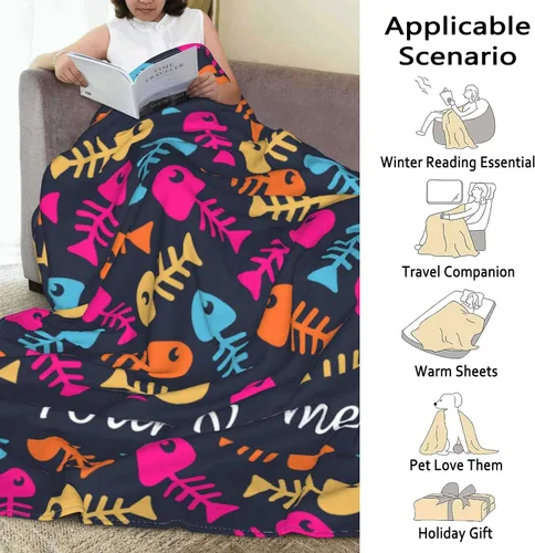 Vista 3 de Manta personalizada con texto de tu nombre, mantas de vellón coloridas personalizadas con huesos de pescado para adultos, niños, familia