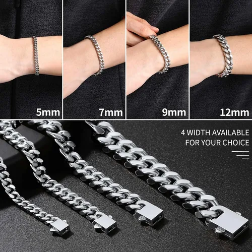 Vista 3 de ChainsHouse Pulsera de eslabones cubanos de acero inoxidable para hombre, 0.197in0.276in0.354in0.472in de ancho, 7.5"8.3"9" de largo, negro18K