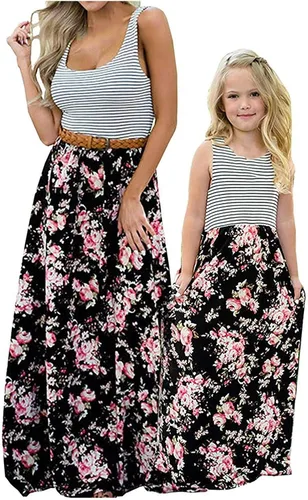 Vista 3 de HEWUQI Mommy and Me - Vestido a juego sin mangas bohemio floral a juego para la familia vestido casual de verano vestido de playa