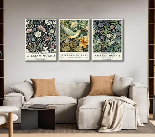 Vista 3 de 3 piezas de lienzo estilo William Morris, arte de pared vintage botánico floral y pájaro, impresiones en lienzo estirado envuelto en galería