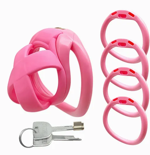 Vista 9 de Dispositivos de jaula de castidad masculina, nueva jaula ergonómica ligera para pene de hombre, jaula de bloqueo de casidad rosa con anillos de 4