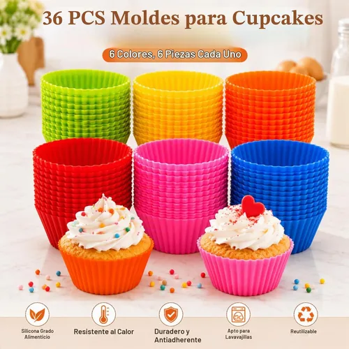 Vista 6 de RAINFLOW Paquete de 36 tazas de silicona para hornear cupcakes, reutilizables y antiadherentes, mini moldes de silicona para muffins, forros