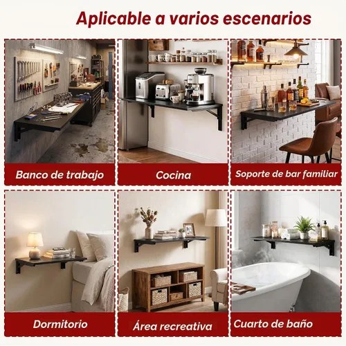 Vista 9 de Need Mesa plegable montada en la pared 30x20IN para lavandería de oficina Soportes de escritorio de color negro y estantes negros
