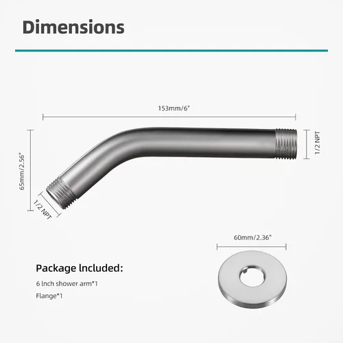 Vista 5 de Cobbe Brazo de ducha con brida y cinta de teflón, brazo de ducha de 6 pulgadas montado en la pared, extensión de acero inoxidable 304 para cabezal