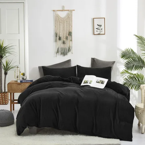 Vista 6 de Wellboo - Juego de edredón de terciopelo color negro tamaño full, ropa de cama esponjosa de color sólido, colcha de franela para mujeres y hombres