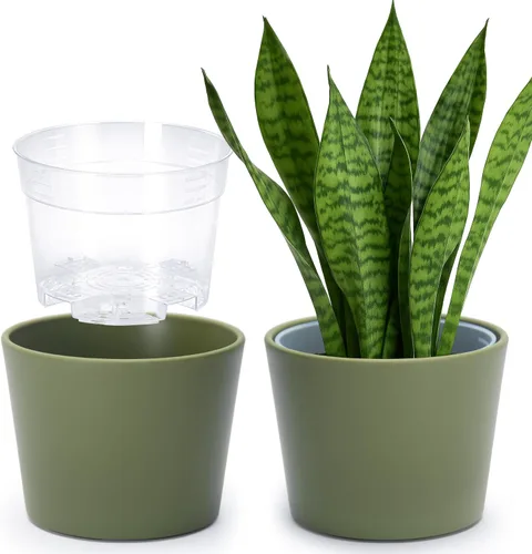 Vista 32 de Phoenix Vine Macetero de plástico verde oliva de 4.5 pulgadas con maceta transparente, cubierta decorativa ligera con maceta interior transparente