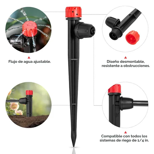 Vista 2 de Emisores de riego por goteo para tubos de riego por goteo de 1/4 de pulgada, goteros de flujo de agua ajustables de 360 grados en estaca de flecha
