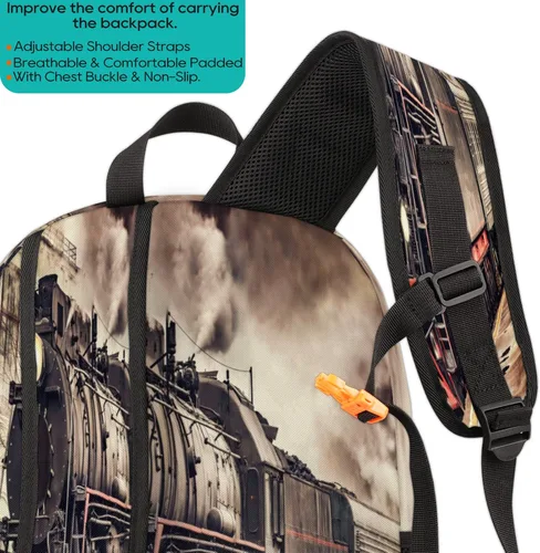 Vista 5 de TropicalLife Mochila escolar vintage de tren de vapor de 18 pulgadas, mochila escolar para adolescentes, niñas, niños, mochila escolar