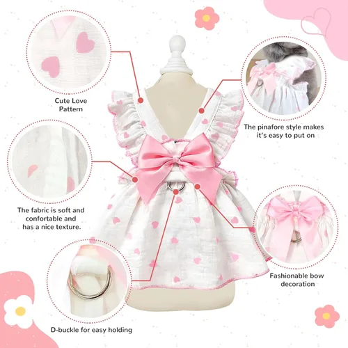 Vista 4 de Vestidos para perros pequeños, hembra, perro, gato, vestido lindo de algodón extra de verano, decoración de lazo, traje de cumpleaños, ropa de Rosa