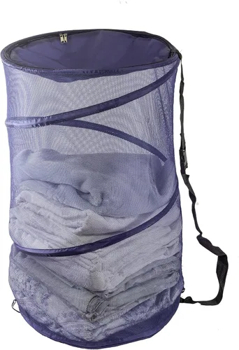 Vista 7 de Cesta plegable de malla de alambre para la ropa sucia, portátil, duradera, bolsa de almacenamiento + correas, cubierta superior con cremallera