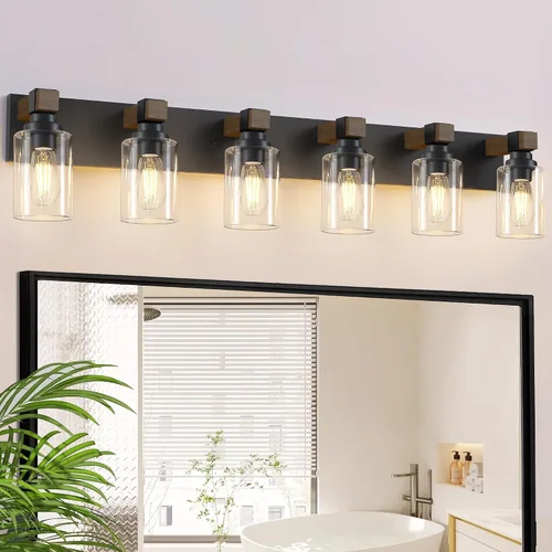 Vista 13 de Accesorios de iluminación de baño de granja, luces de tocador rústicas de 3 luces en madera para baño, iluminación de apliques de pared vintage