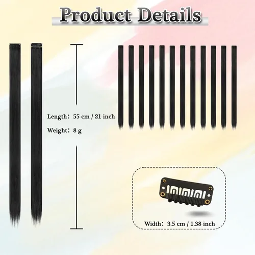 Vista 2 de BARSDAR Extensiones de cabello negro con clip, extensiones de cabello con clip de color para mujer, 22 pulgadas, 12 piezas, extensiones sintéticas