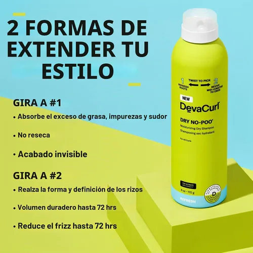 Vista 3 de DevaCurl Champú seco hidratante Dry No-Poo Fórmula no seca Acabado invisible Para todo tipo de cabello rizado