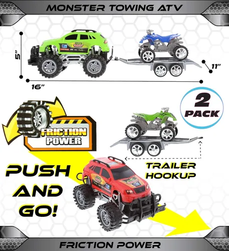 Vista 2 de Mozlly Camiones monstruo accionados por fricción con remolques SUV ATV – 2 juegos de camiones monstruo juguetes con gancho extraíble ATV remolques