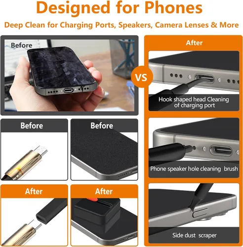 Vista 2 de Kit de limpieza de teléfono celular, kit de limpieza para iPhone para puerto de carga, kit de limpieza de teclado para Airpods/Android/USB