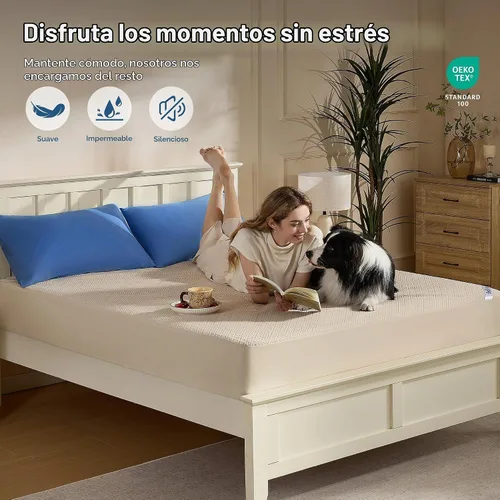 Vista 2 de BEDLORE Protector de colchón de tamaño Queen, funda de colchón impermeable sin ruido con bolsillos elásticos para colchones de 6 a 15 pulgadas, Beige