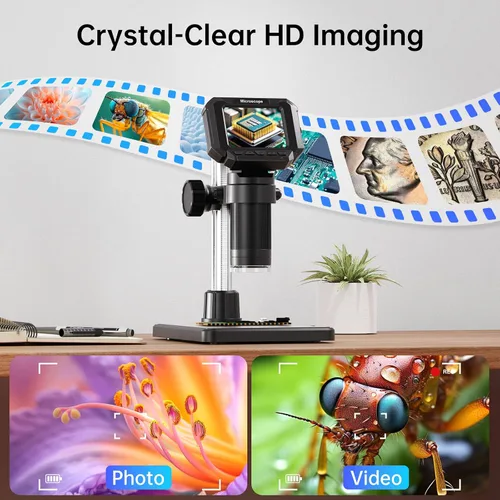 Vista 3 de Microscopio Digital de 2.4 Pulgadas - Hasta 1000X de Magnificación, Pantalla Recargable, Anillo de Luz LED de 8 Luces, Foto y Video, Conexión USB