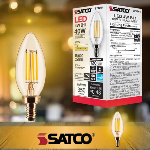 Vista 5 de Satco Lámpara LED, S21264 4B11/LED/927/CL/120V/E12, bombilla B11 de 4 W, transparente; base de candelabro; 90 CRI; 2700 K; 120 voltios
