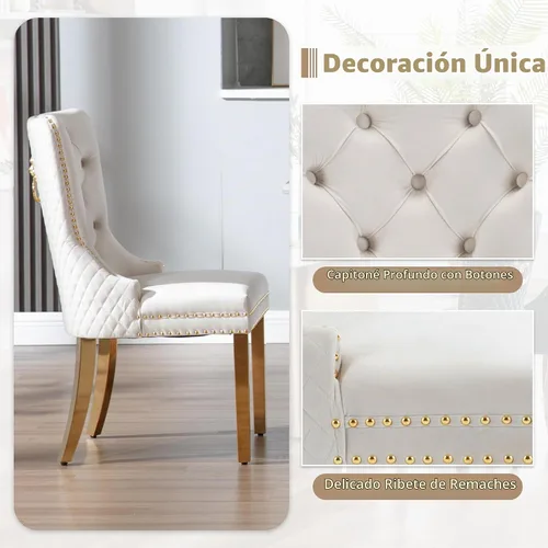 Vista 5 de Juego de 2 sillas de comedor, patas de metal dorado, anillo de león sofisticado, color beige Beige (oro)