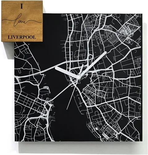 Vista 29 de Modern Wall Clock - Black Aluminum with Silver Fiber Laser Engraving - Square - Contemporary Design - Personalized City Map - Home Town - Location