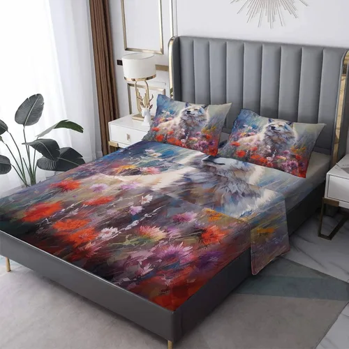 Vista 9 de Sábanas de lobo tamaño individual, sábanas de animales de lobo, sábanas y fundas de almohada estampadas de 3 piezas, sábana bajera ajustable