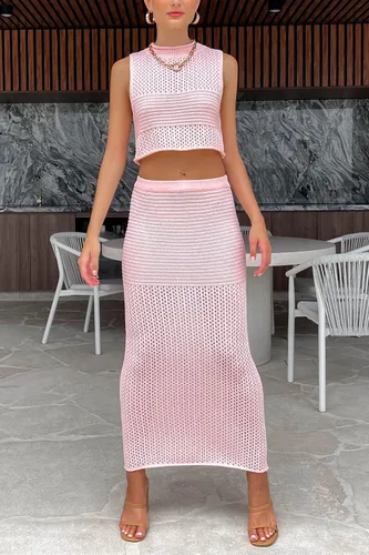 Vista 2 de Conjunto de 2 piezas para mujer, sin mangas, con hombros descubiertos, tubo corto, ajustado, falda larga, trajes sexys