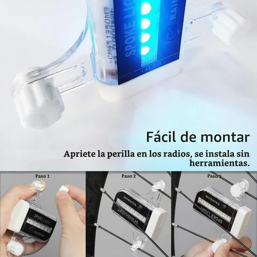 Vista 5 de PRUNUS Luces LED recargables para ruedas de bicicleta. Luces impermeables para radios de bicicleta con baterías recargables. Para ciclismo seguro