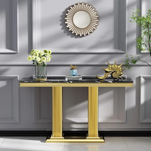 Vista 22 de SSLine Mesa de Centro Rectangular de Mármol Sintético para Sala de Estar, Mesa Central Moderna de Mármol Blanco de Lujo con Base Doble en Forma de U