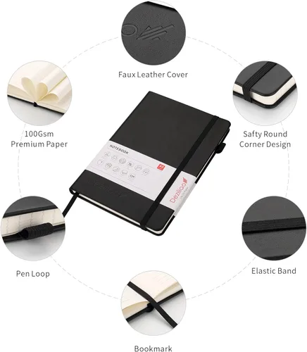 Vista 3 de Cuadernos forrados para diario, con lazo para bolígrafo. Cuadernos de tapa dura para trabajo, papel grueso de 100 Gsm con bolsillo