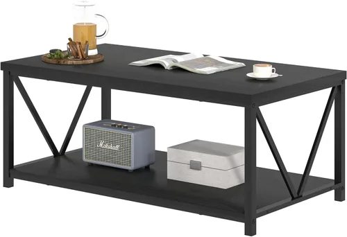 Vista 8 de EXCEFUR Mesa de centro pequeña, mesas modernas para sala de estar con estante de almacenamiento, mesa central rectangular de madera rústica, mesa