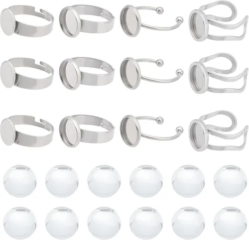 Vista 16 de SUNNYCLUE 1 caja de 62 anillos de dedo de botón, 2 componentes ajustables con 30 ajustes de cabujón de botón a presión, 30 piezas de bandeja