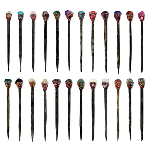 Vista 8 de Mia Jewel Shop - Varillas de madera con piedras preciosas curativas naturales surtidas – Palillos para el cabello hechos a mano para mujeres