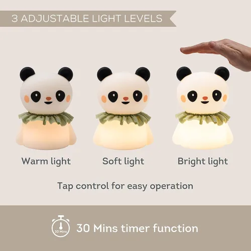 Vista 2 de Taf Toys Luz nocturna de silicona recargable para niños, panda y oso con brillo ajustable, luz de guardería para bebé, control de toque