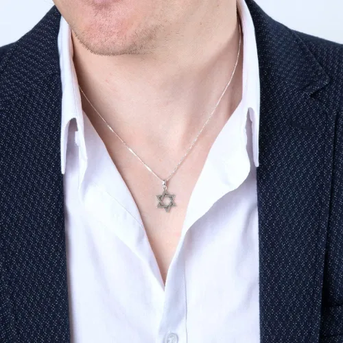 Vista 5 de Marina Jewellery - Collar clásico de estrella de David de plata de ley 925 cadena de 18 pulgadas colgante de ficha judía Metal No es una piedra