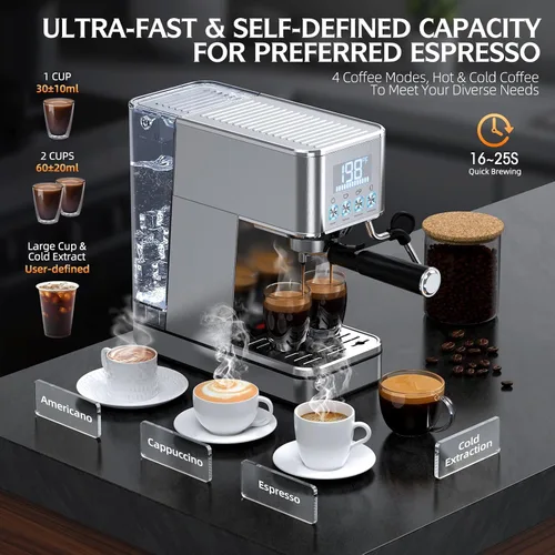 Vista 4 de LERTIN - Cafetera de expreso de 20 bares, compacta, de acero inoxidable, con varita espumadora de vapor, tanque de agua extraíble de 57.5 oz