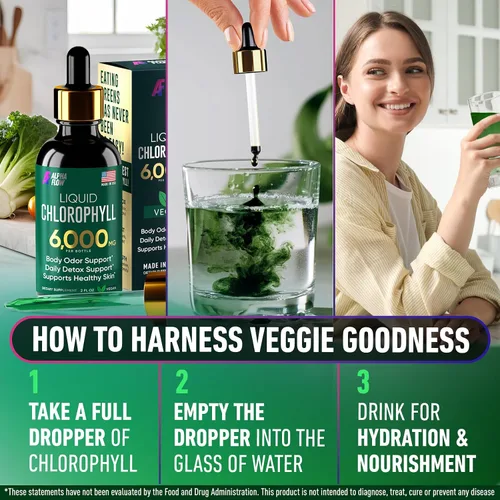 Vista 15 de Paquete de 2 Gotas Líquidas de Clorofila 6000MG – Gotas Líquidas de Clorofila Natural para Desintoxicación, Energía, Piel – Desodorante Interno