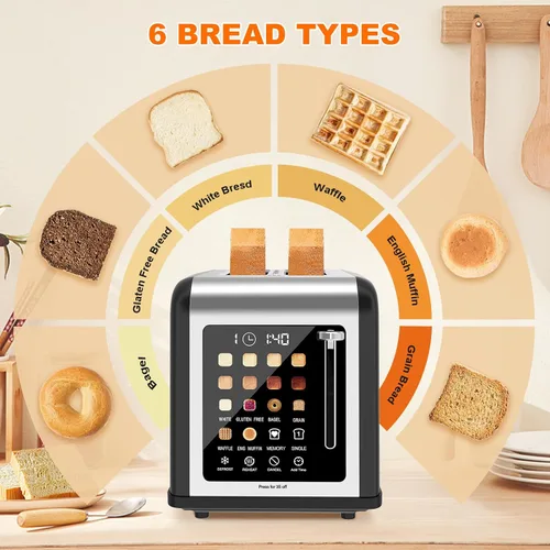 Vista 6 de Tostadora de 2 rebanadas con pantalla táctil, tostadoras de acero inoxidable con temporizador digital, tostadoras de 2 ranuras, 8 ajustes de sombra