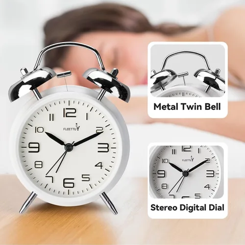 Vista 5 de FLOITTUY Alarma fuerte para personas que duermen profundamente de 4 pulgadas, reloj despertador de campana doble, reloj despertador estéreo