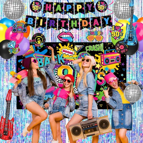 Vista 5 de Las decoraciones para fiestas de cumpleaños de los años 90 incluyen telón de fondo, centros de mesa de panal, pancarta, espirales colgantes, globos