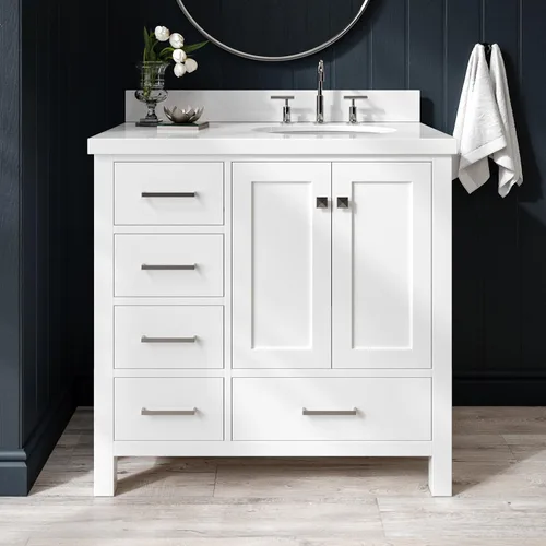 Vista 69 de ARIEL Cambridge tocador de baño con fregadero, madera maciza, encimera y protector contra salpicaduras de cuarzo blanco puro de 1.5 pulgadas