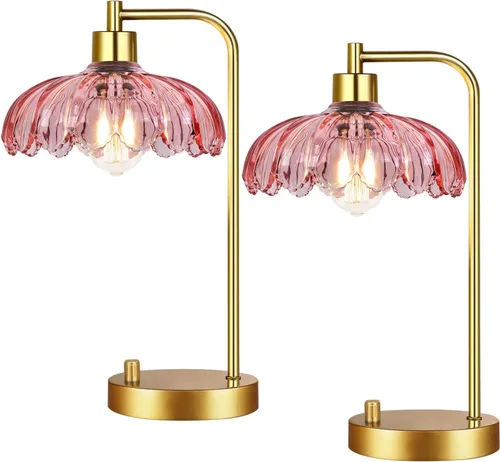 Vista 19 de ILLMTW Lámpara de mesa de flores para dormitorio, sala de estar, pequeñas lámparas doradas, regulables, estilo bohemio, con pantalla de cristal