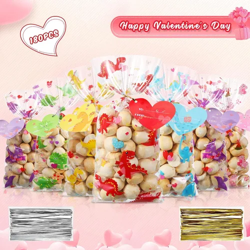 Vista 3 de Tellingyou 180 bolsas de celofán para el día de San Valentín, a granel, de plástico, con diseño de dinosaurio, dulces, con etiqueta de corazón
