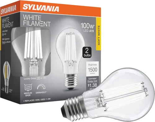 Vista 11 de Sylvania - Bombilla de filamento LED transparente A19, 6.5 W, regulable, 800 LMS, base media, 2700 K, blanco suave, paquete de 2 (42170)