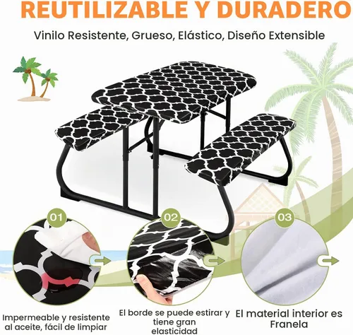 Vista 3 de Moukeren Funda de mesa de picnic de 3 piezas para niños con fundas de banco, mantel ajustable para exteriores, vinilo impermeable, para camping