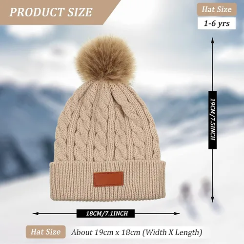 Vista 3 de Gorro de lana de punto para niños de 3 piezas, gorro de invierno cálido con pompón desmontable para niñas de 1 a 3 años