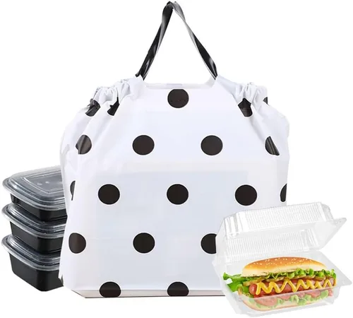 Vista 10 de 50 bolsas de plástico con asas resistentes al agua, resistentes para llevar, bolsa de transporte para alimentos, para restaurantes, comestibles