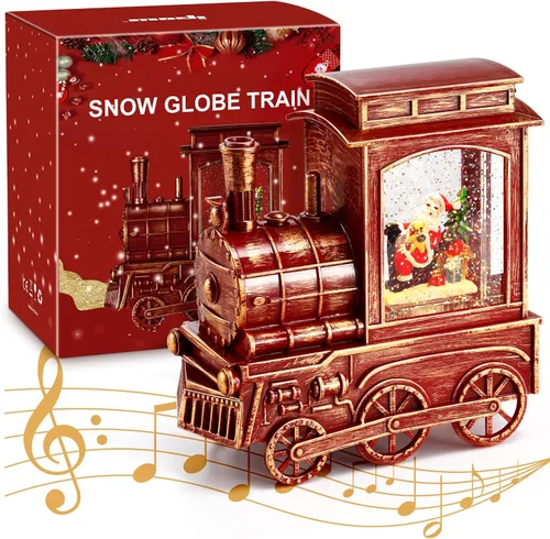Vista 9 de IPOW Tren de linterna de globo de nieve de Navidad con purpurina de remolino de agua, musical e iluminado, temporizador de 6 horas, alimentado por