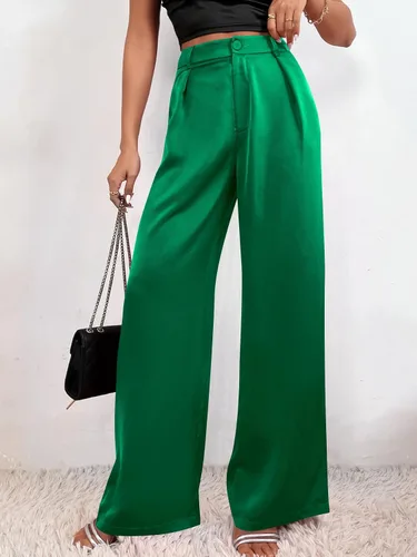 Vista 5 de SweatyRocks Pantalones largos de satén de cintura alta para mujer, de pierna ancha, casuales, trabajo, oficina, de seda sintética con bolsillos