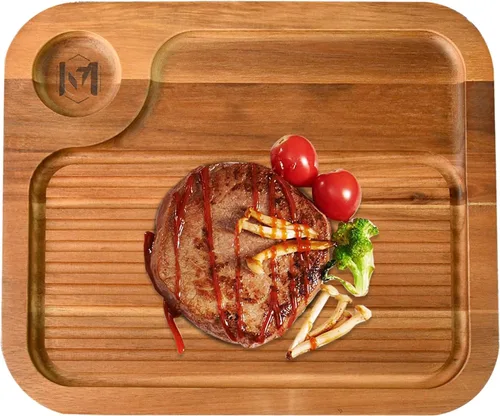 Vista 9 de Platos de bistec de madera de acacia, tabla de cortar carnívora para comer, plato de carne tallado de madera, bandeja para servir alimentos, tabla